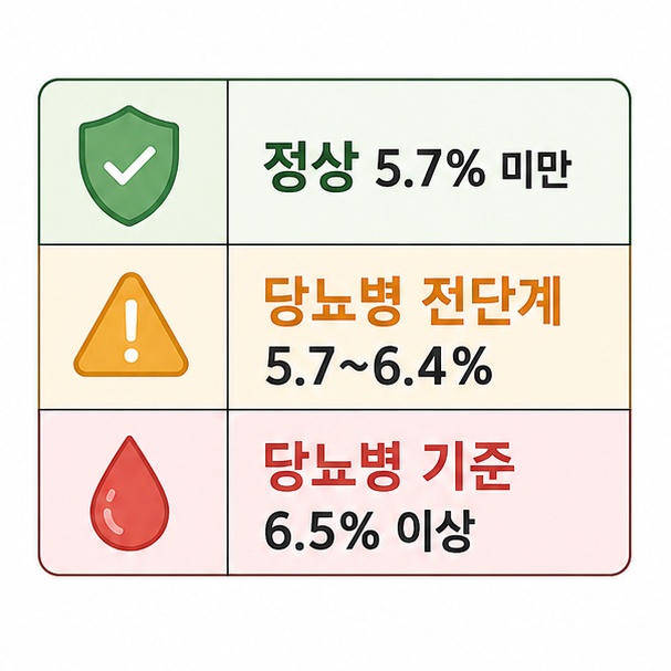 당화혈색소 정상 5.7% 미만, 당뇨병 전단계 5.7~6.4%, 당뇨병 기준 6.5% 이상을 정리한 이미지