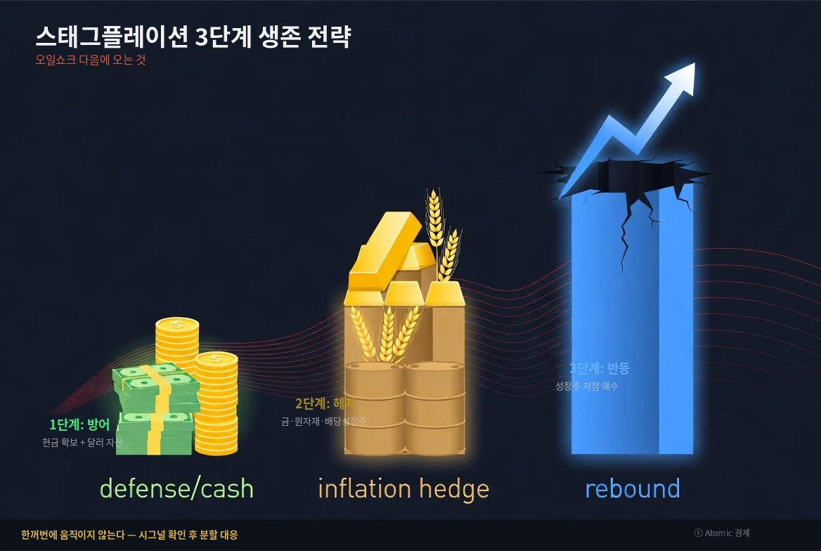 스태그플레이션 3단계 생존 전략 현금 인플레이션 헤지 반등 인포그래픽