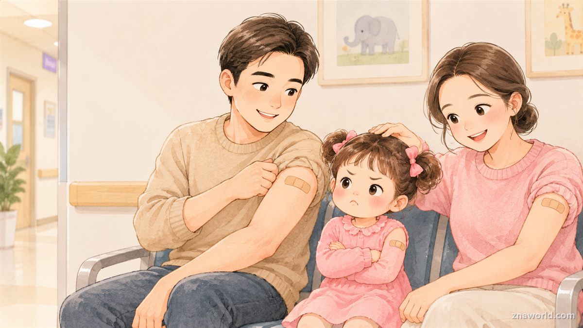 독감 예방접종을 마친 지나네 가족이 병원 복도에 앉은 모습