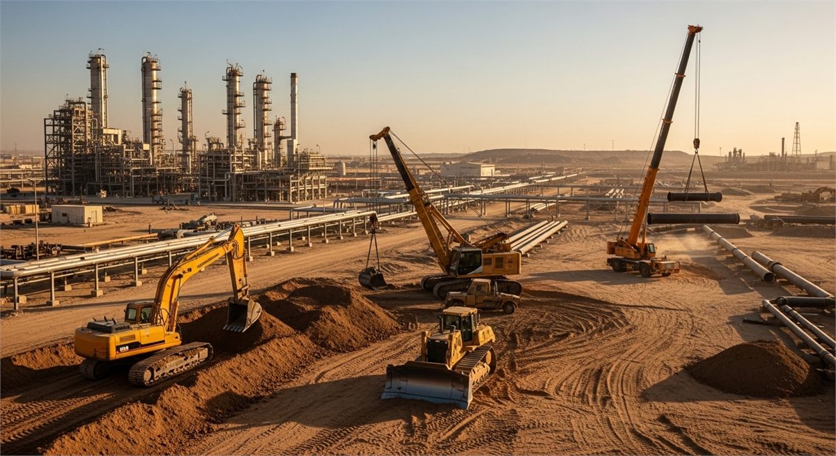 에너지 시설과 중장비가 보이는 재건 인프라 장면 