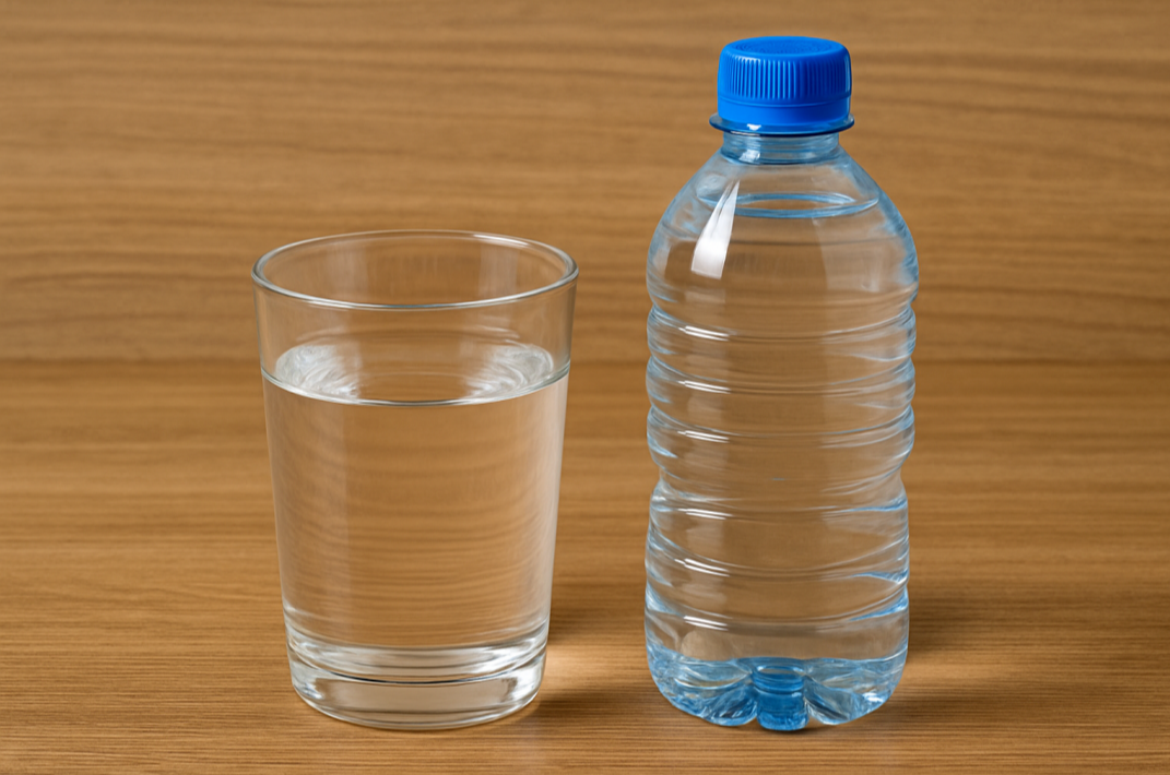 투명한 유리컵에 담긴 물과 생수병이 나란히 놓여 있는 깔끔한 장면