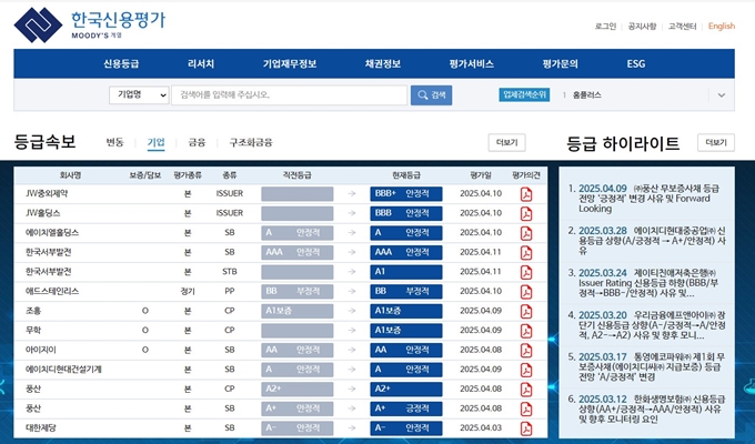 한국신용평가 홈페이지