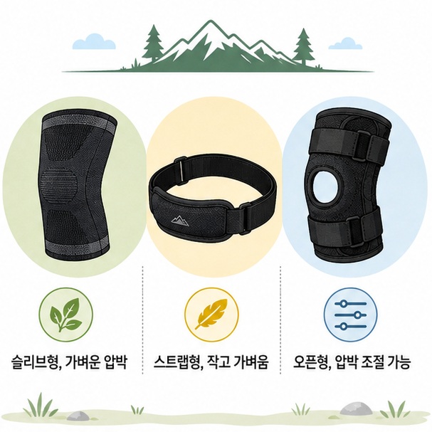 슬리브형과 슬개건 스트랩형, 오픈형 무릎보호대를 비교해 가벼운 압박과 휴대성, 압박 조절 등 유형별 차이를 보여 주는 그림