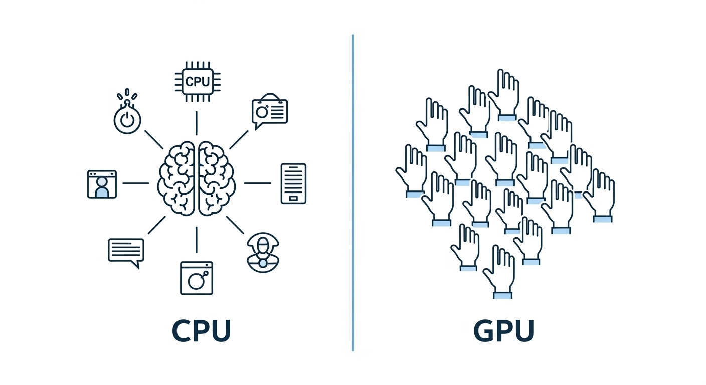 CPU(뇌)와 GPU(많은 손)의 병렬 처리 방식을 비교하는 도해.