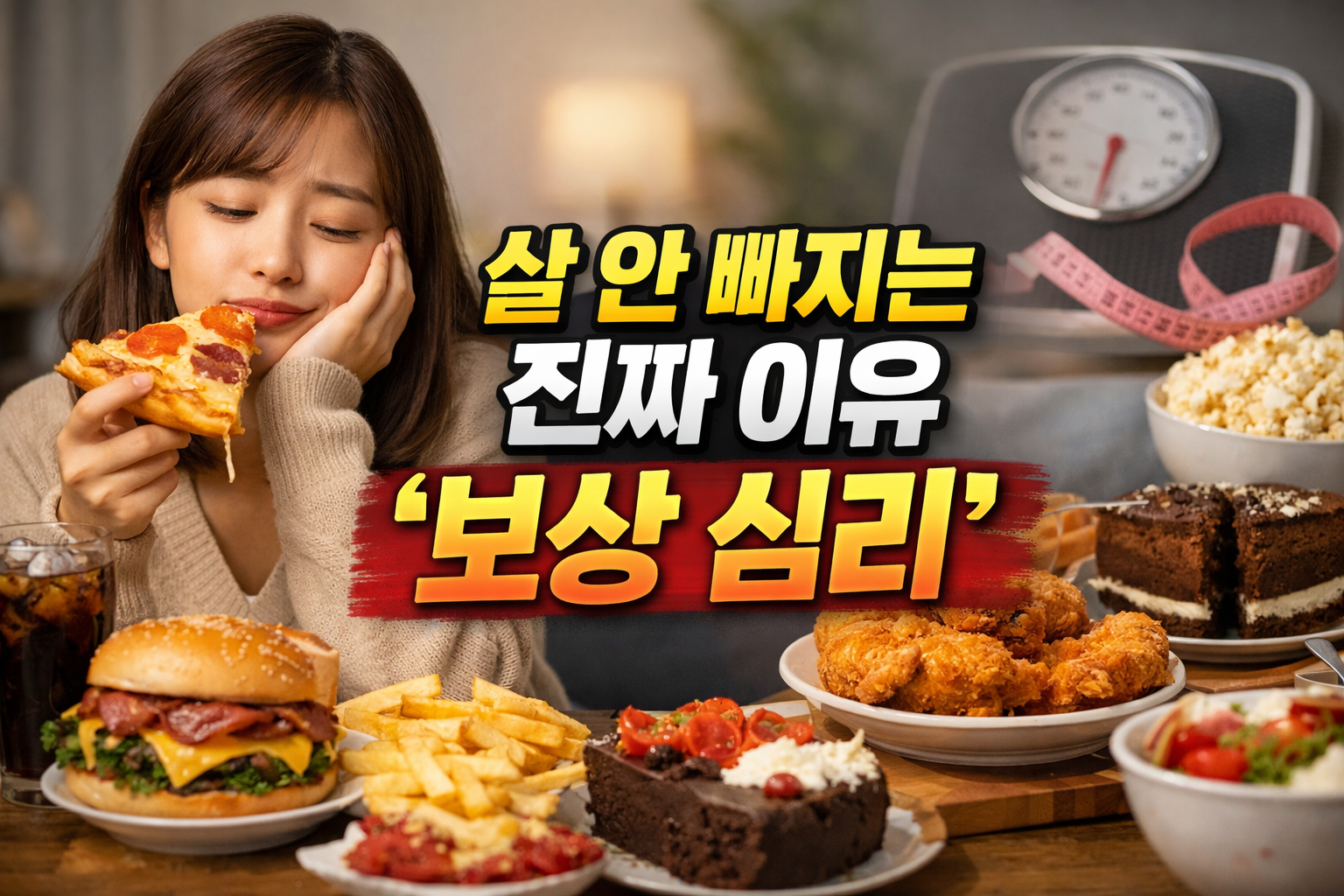 피자와 햄버거, 치킨과 디저트를 앞에 두고 고민하는 여성 모습, 다이어트 정체기의 원인인 보상 심리와 과식 문제를 표현한 이미지
