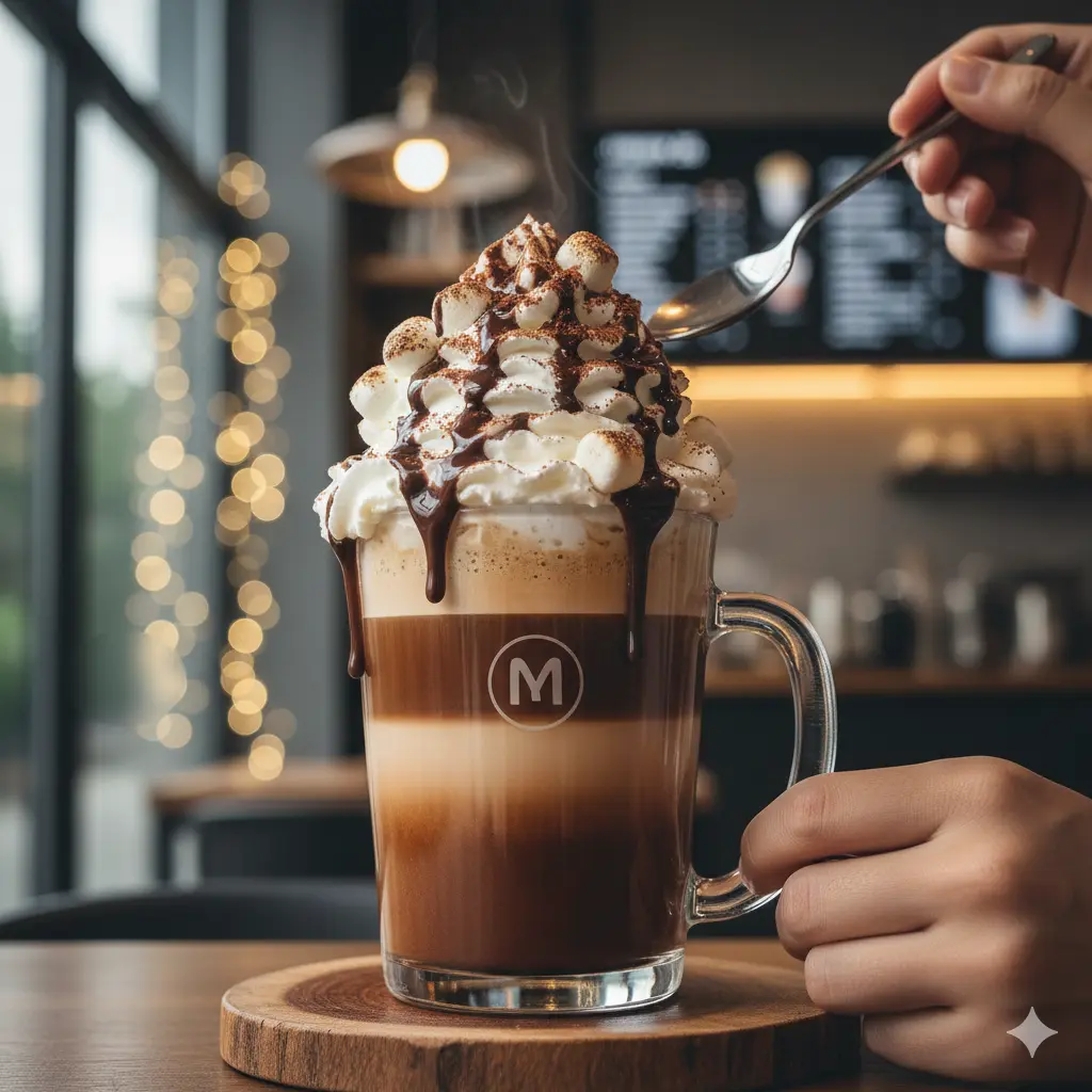 A rich Caffè Mocha in a clear glass mug with layers of espresso and milk, topped with a high swirl of whipped cream, chocolate syrup drizzle, and cocoa powder in a cozy cafe setting.