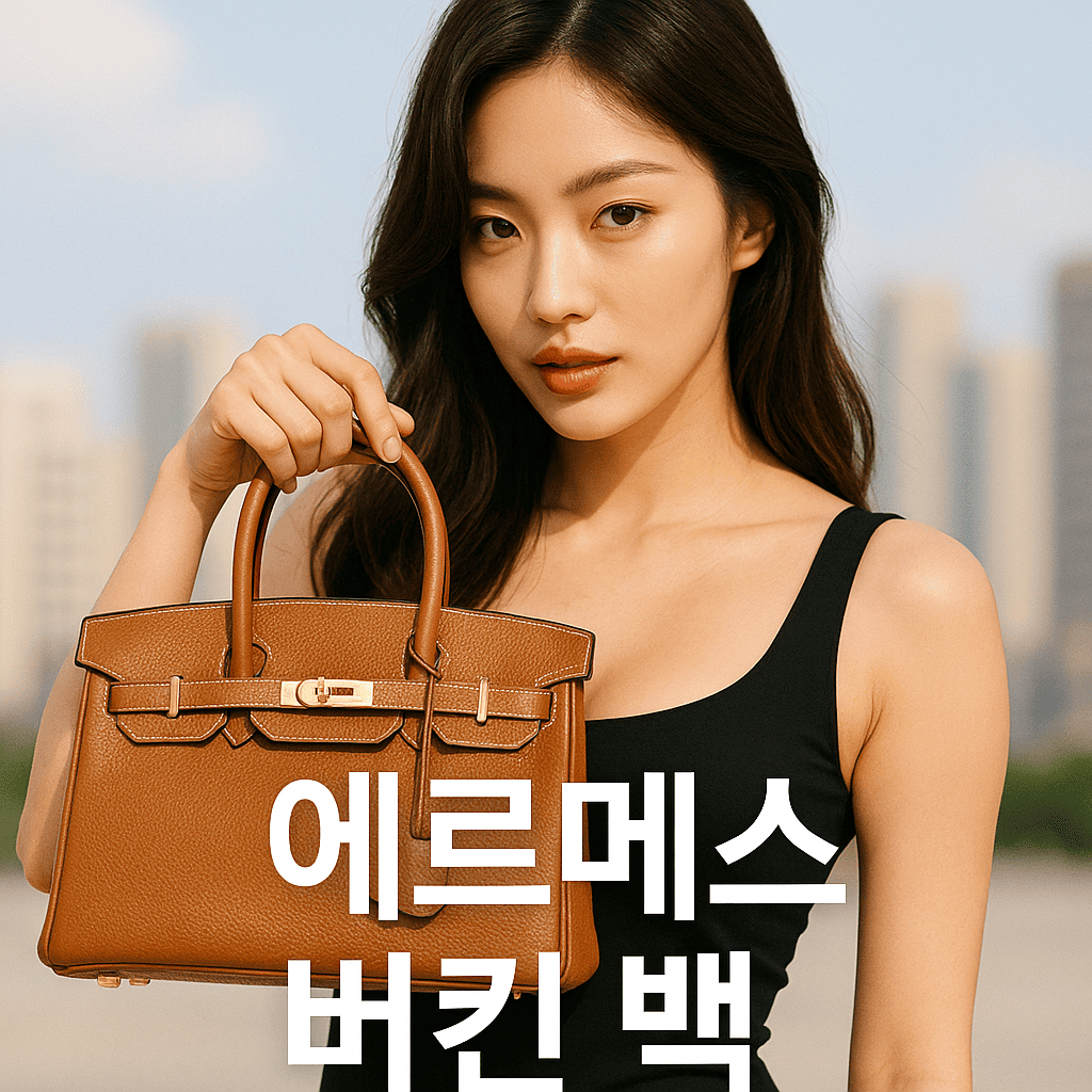 스타일리시한-한국인-여성이-고급스러운-에르메스-버킨백-한쪽-어깨에-들고-검은색-슬리브리스-드레스-입은-채-도시-건물-배경-앞에서-시크하게-응시하는-장면