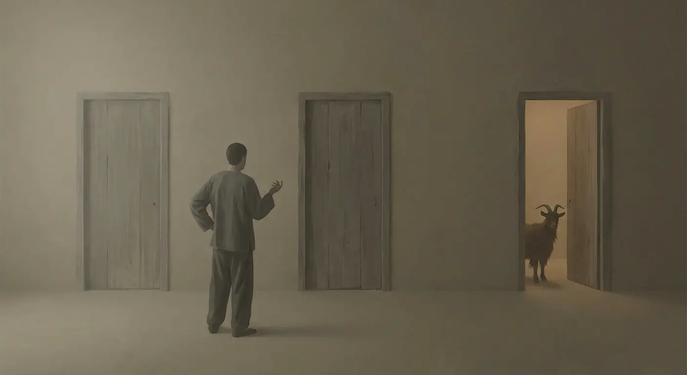 An illustration representing the Monty Hall problem as a thought experiment about human judgment