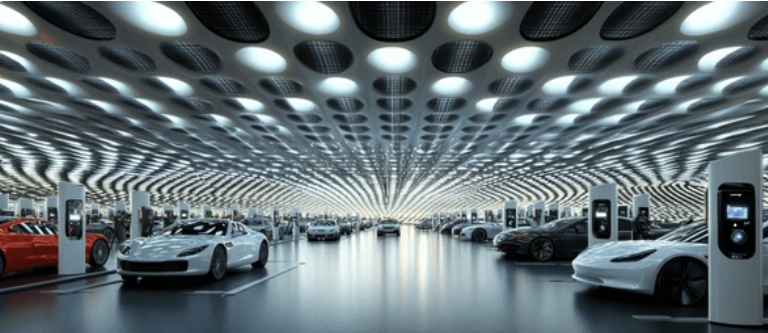 초대형 전기차 충전소 내부 전경 &ndash; 수많은 전기차가 충전기를 연결한 상태로 주차되어 있고, 미래형 조명이 천장을 가득 메운 모습