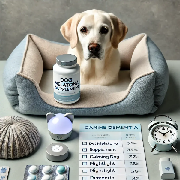 반려견용 수면 보조제, 진정 침대, 야간등, 치매 체크리스트가 정돈된 구성