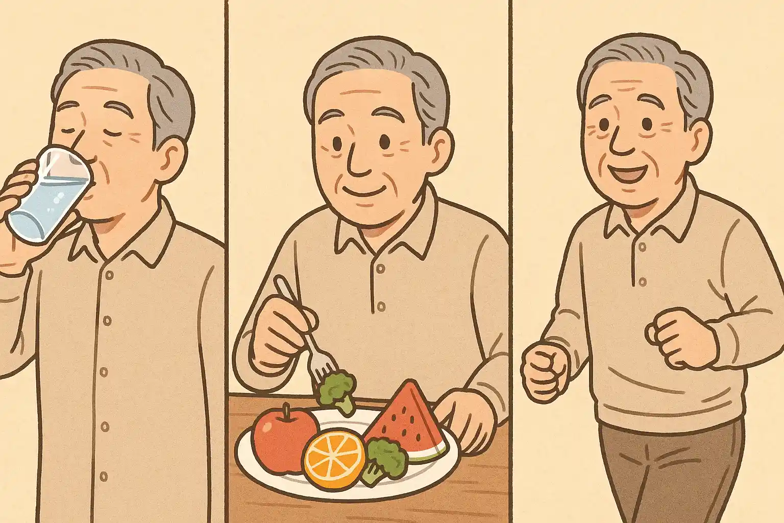 물 마시기, 과일&middot;채소 섭취, 가벼운 운동을 하는 어르신