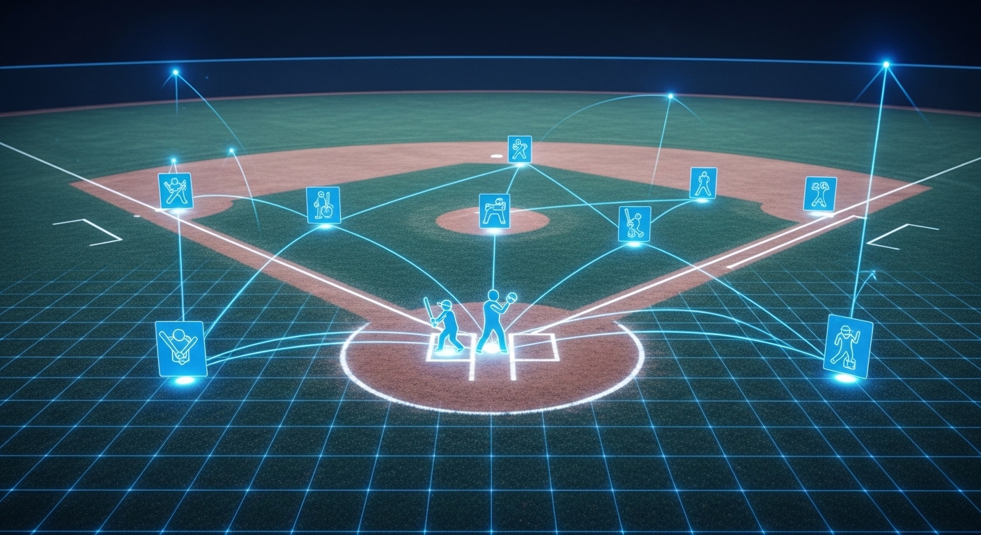 야구 경기장 위에 AI가 선수들의 움직임과 전략을 최적화하는 모습을 보여주는 그래픽 오버레이.