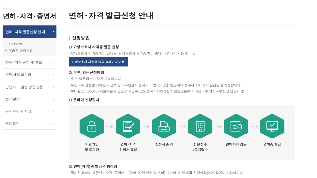 국시원 홈페이지의 간호사 면허 발급신청 안내 화면 캡처