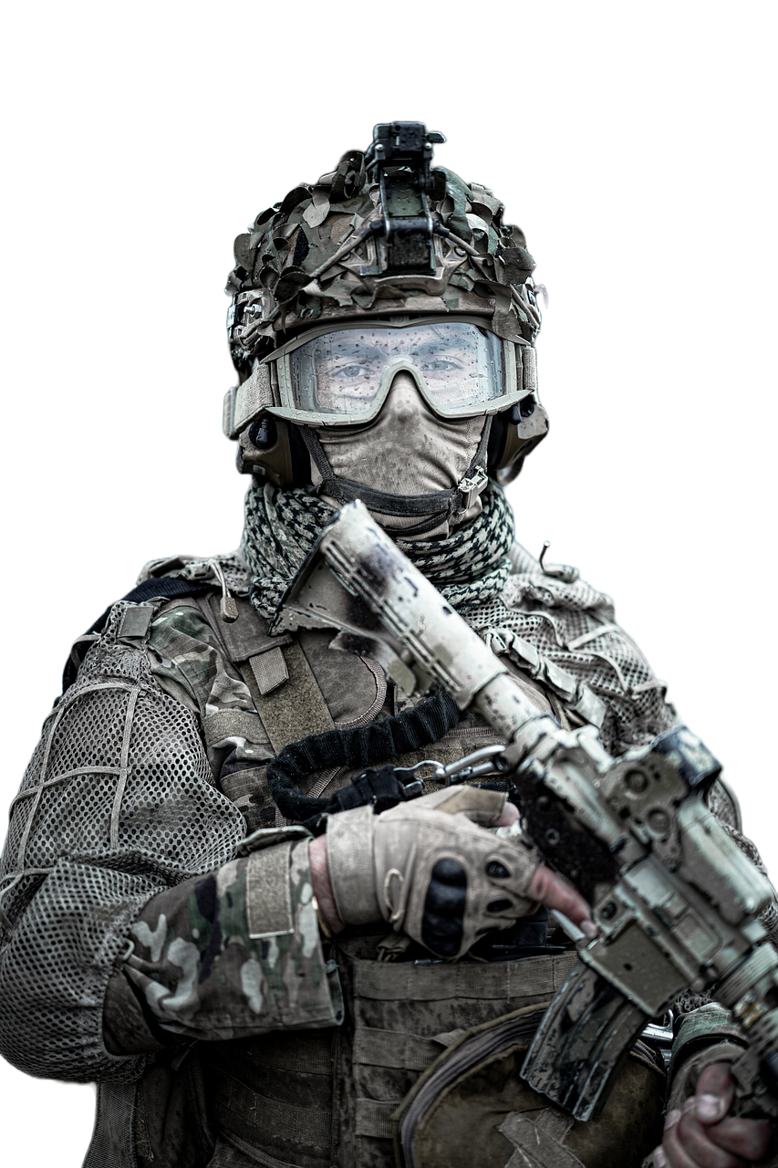 군인이 완전무장하고 정면을 응시하는 사진
