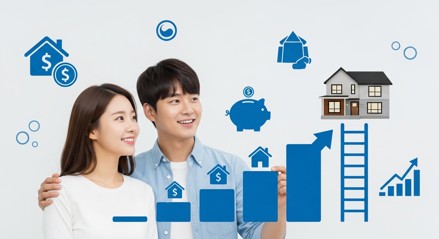 2025년 정부의 7가지 주거 지원 정책을 통해 내 집 마련의 희망을 찾는 사회 초년생 남녀가 사다리를 올라가는 모습