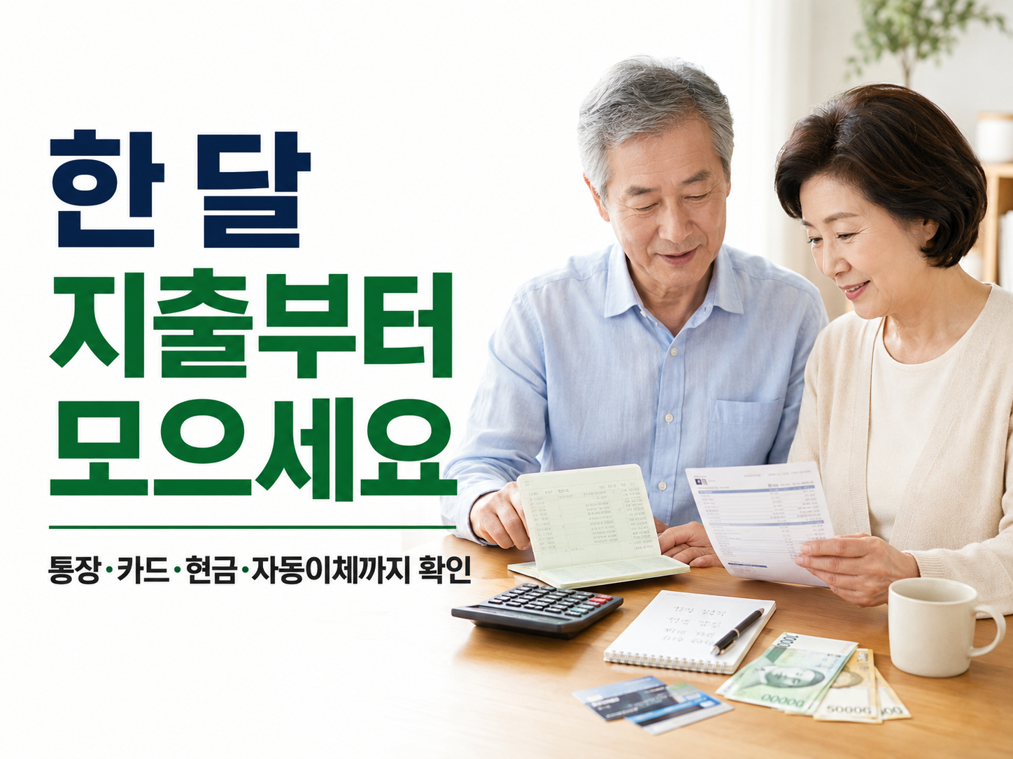 60대 부부가 통장과 카드 명세서를 펼쳐 놓고 한 달 생활비와 자동이체 내역을 함께 정리하는 모습