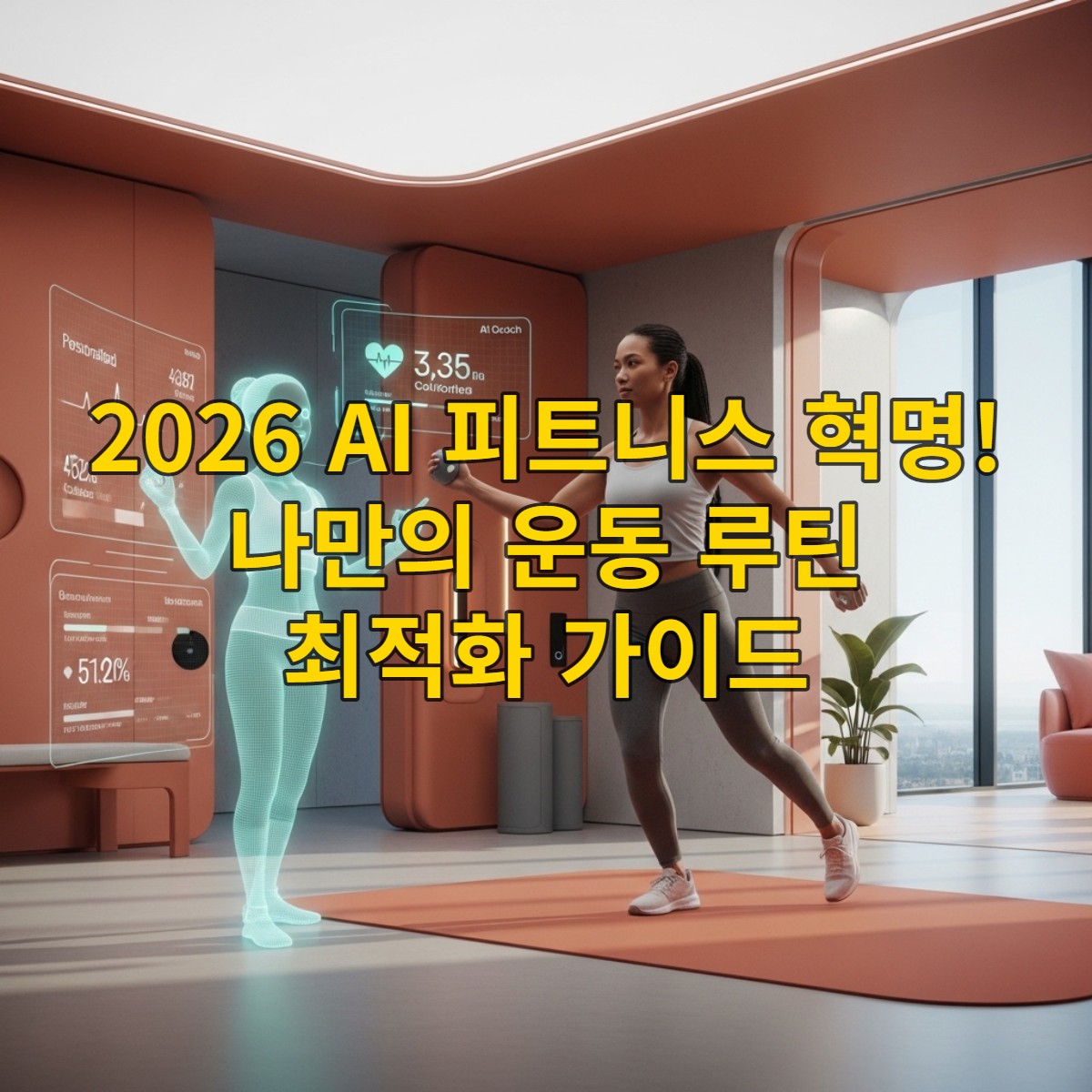 2026년 AI 코치와 함께 스마트 홈트레이닝을 하는 사람의 모습. 홀로그램 인터페이스에 개인 맞춤 운동 데이터가 표시되어 있다.