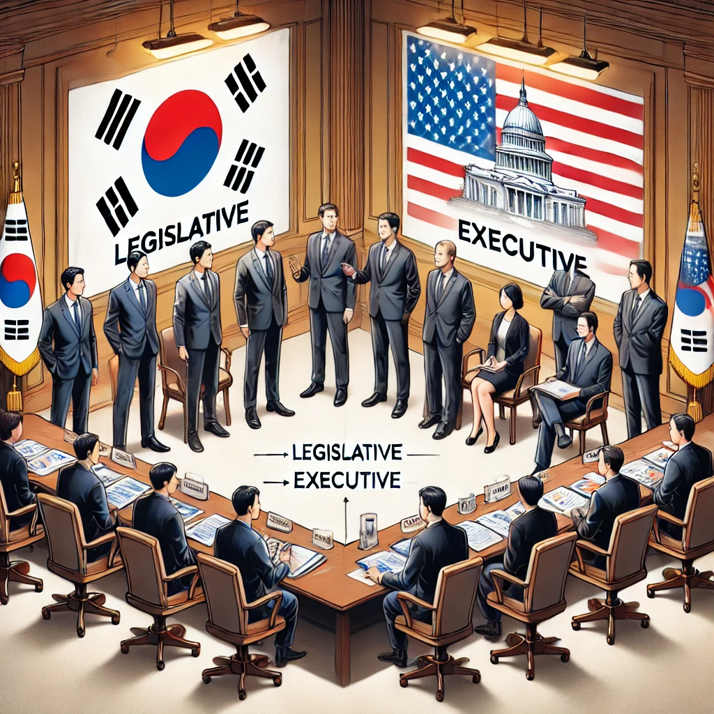 정치인이 입법&middot;행정권에 대해 토론하는 장면&amp;#44; 양국 국기 포함&rdquo;