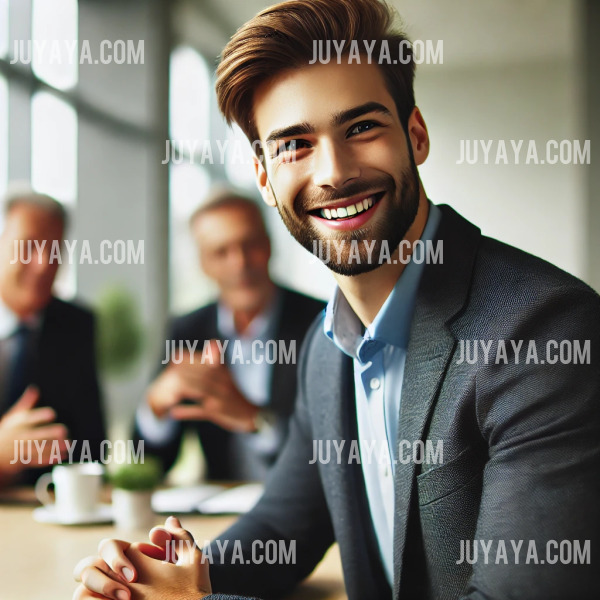 직장인이 회의에서 밝고 자신감 있는 표정으로 발표하는 모습. 동료들이 경청하는 분위기의 회의실.