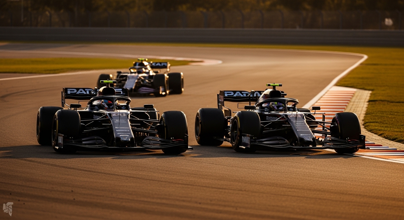 같은 팀의 유니폼을 입은 두 대의 F1 경주차 중 선두 차량이 팀 전략에 따라 속도를 줄이고 후발 차량에게 순위를 양보하며 추월을 허용하는 드라마틱한 레이스 장면