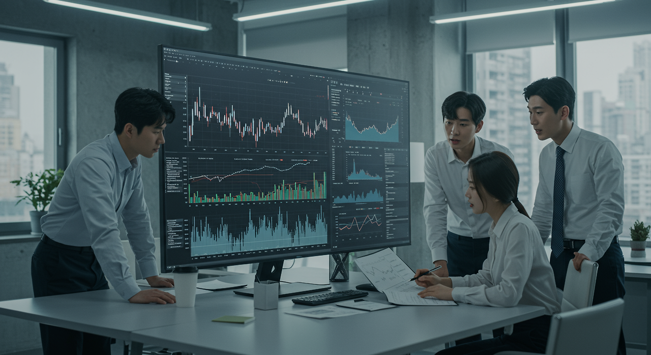 한국 비즈니스 전문가들이 디지털 화면에서 금융 차트를 분석하는 모습