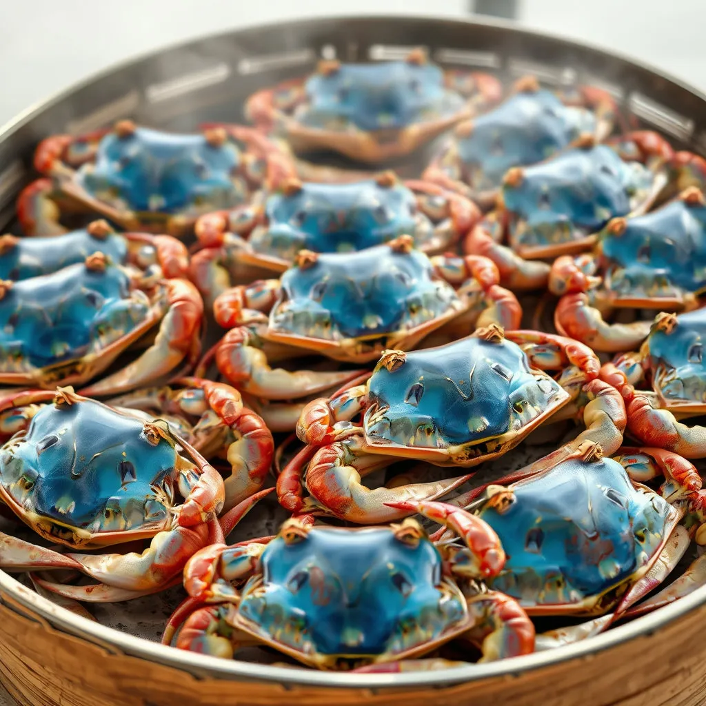 찜 채반 위에 손질된 꽃게들이 배 부분이 하늘을 향하도록 가지런히 놓여 있는 모습입니다. 꽃게들의 배치와 안정적인 모습이 강조되어 보기에 좋습니다.