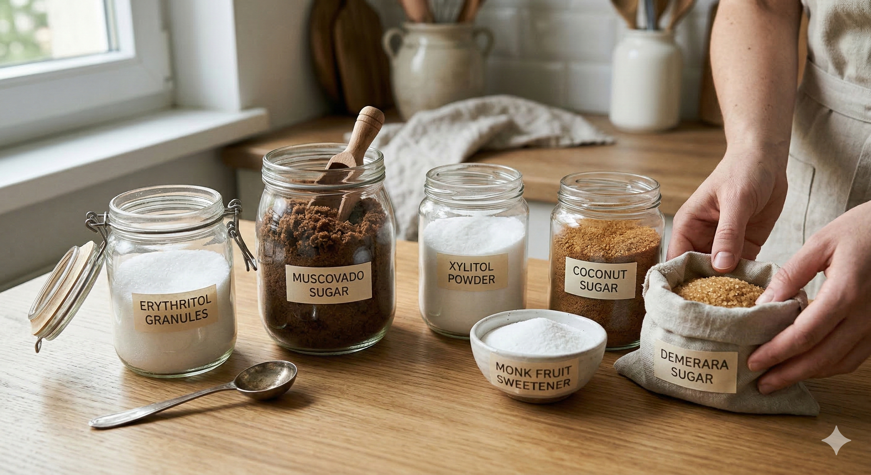 다양한 종류의 천연 감미료 스테비아, 에리스리톨, 알룰로스 모음