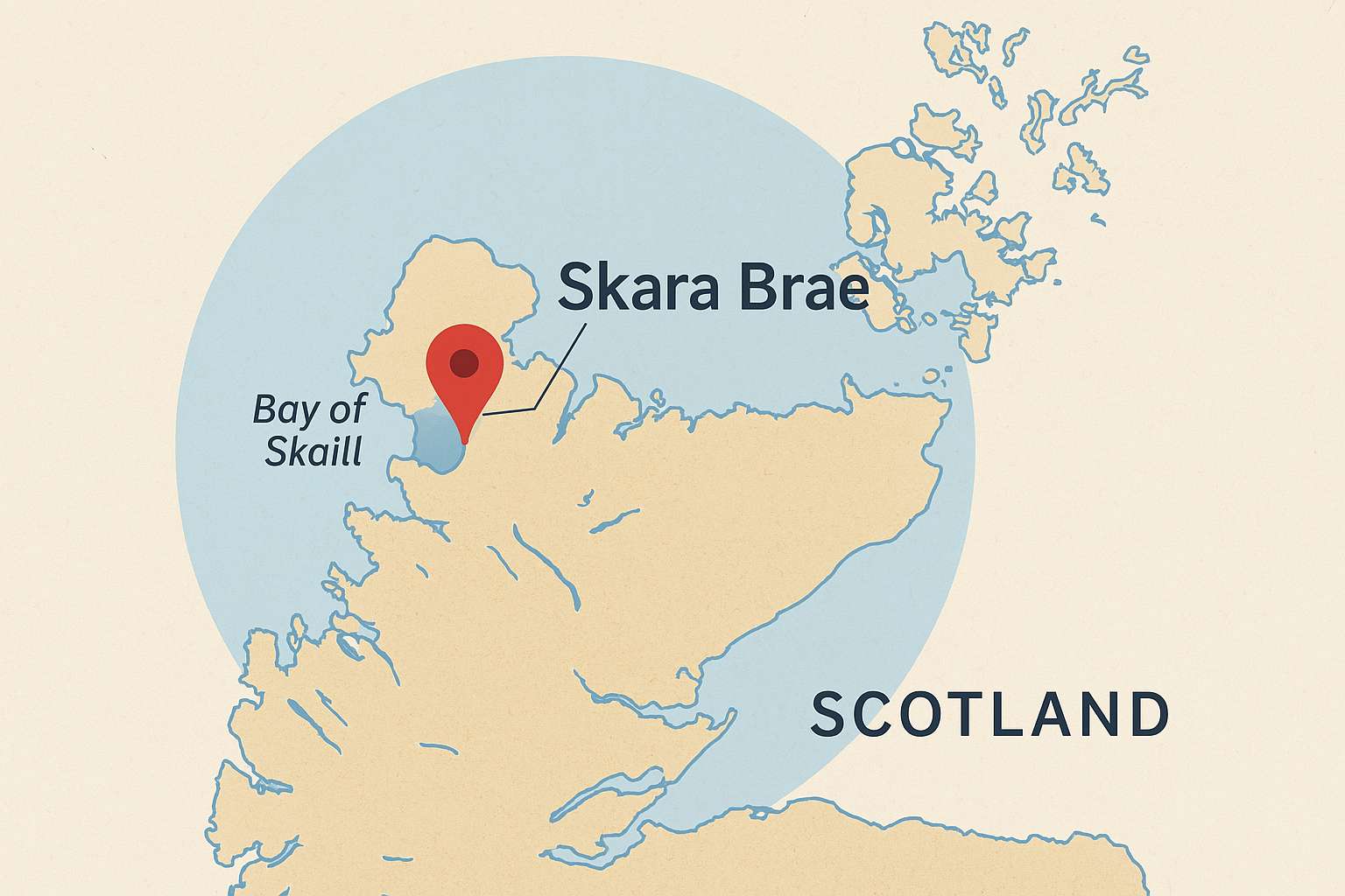 스코틀랜드 오크니 제도 북서쪽에 위치한 스카라 브레이의 위치를 보여주는 지도