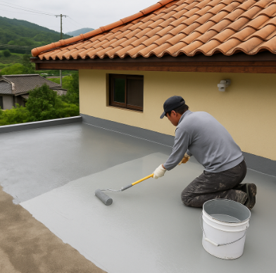 시골 주택 옥상에서 작업자가 롤러로 회색 방수제를 바르며 누수를 방지하는 모습, 배경에는 초록빛 농촌 풍경이 펼쳐져 있음.