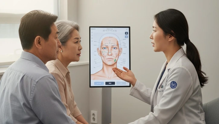 피부과 진료실에서 의사와 상담 중인 70대 한국 부부, 차분한 조명과 전자의무기록 화면