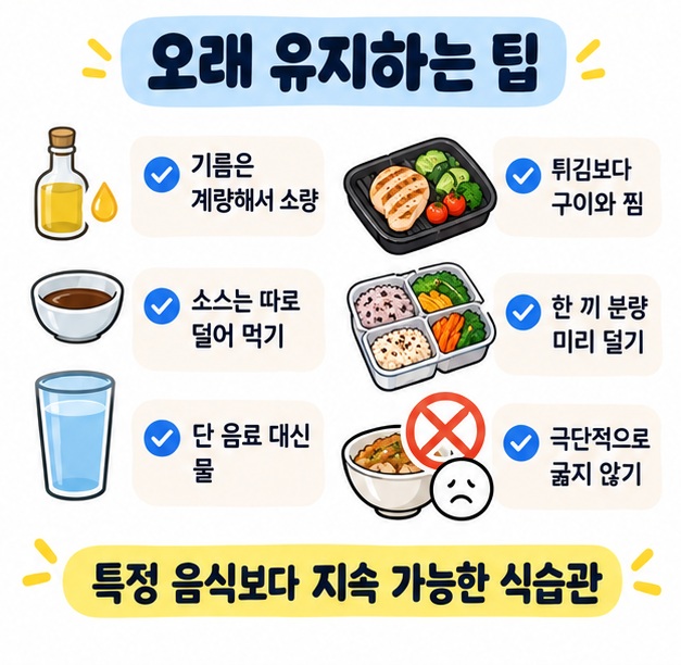 다이어트 요리를 오래 유지하려면 기름과 소스를 줄이고 단 음료 대신 물을 선택하며 한 끼 분량을 미리 덜어 먹도록 정리한 카드