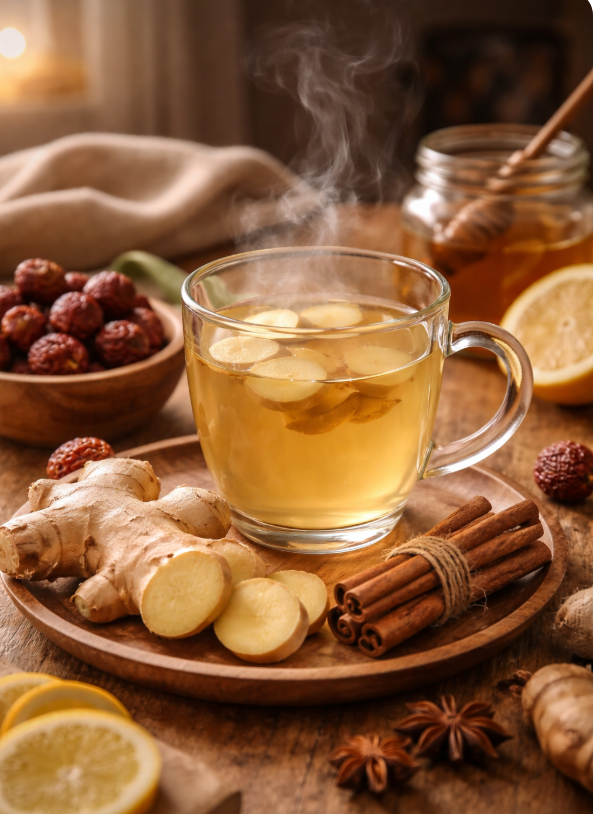 김이 올라오는 따뜻한 생강차와 계피, 대추, 꿀이 함께 놓인 겨울철 속냉 완화용 건강 음료 이미지
