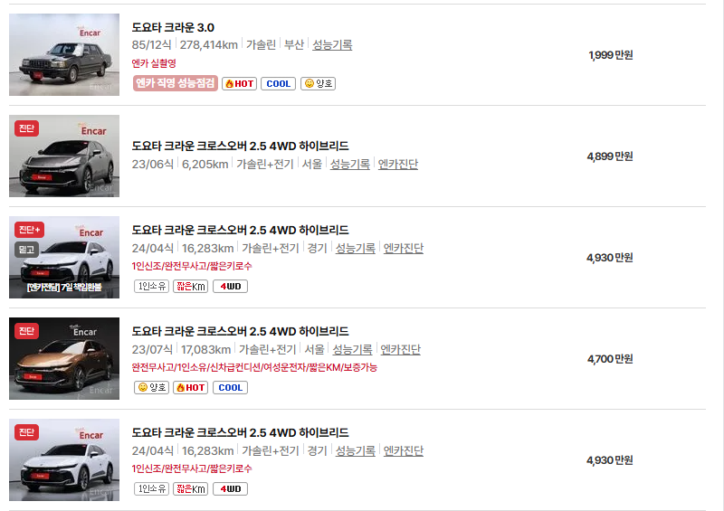 도요타 크라운 중고차 가격 시세표 연비