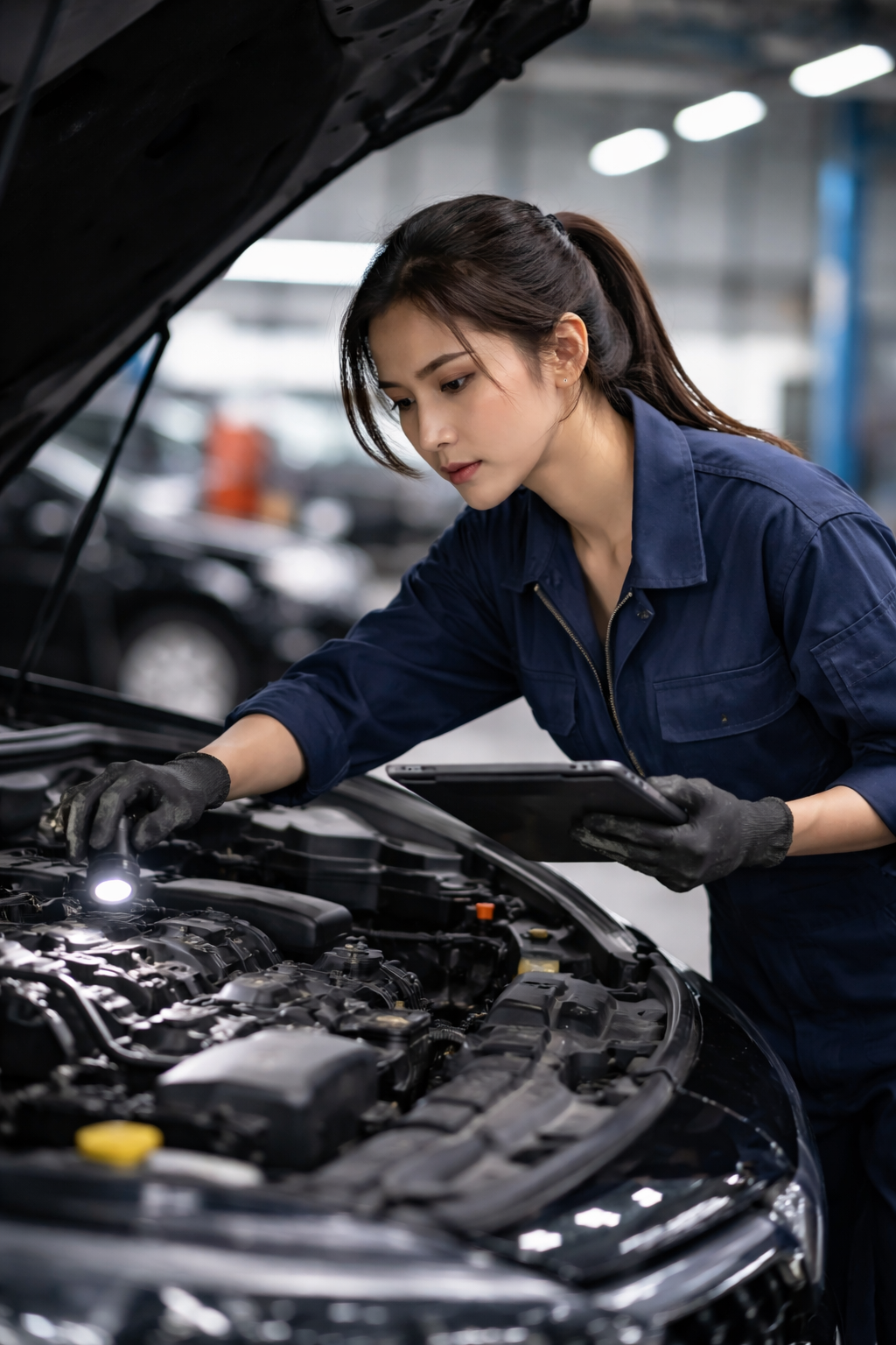 여성 자동차 정비사의 차량 점검하는 모습