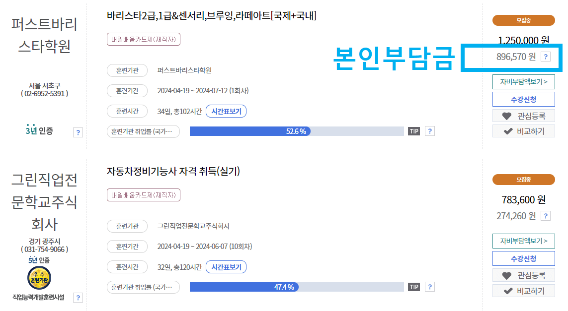 내일배움카드 국비지원 시 본인부담금 확인 방법