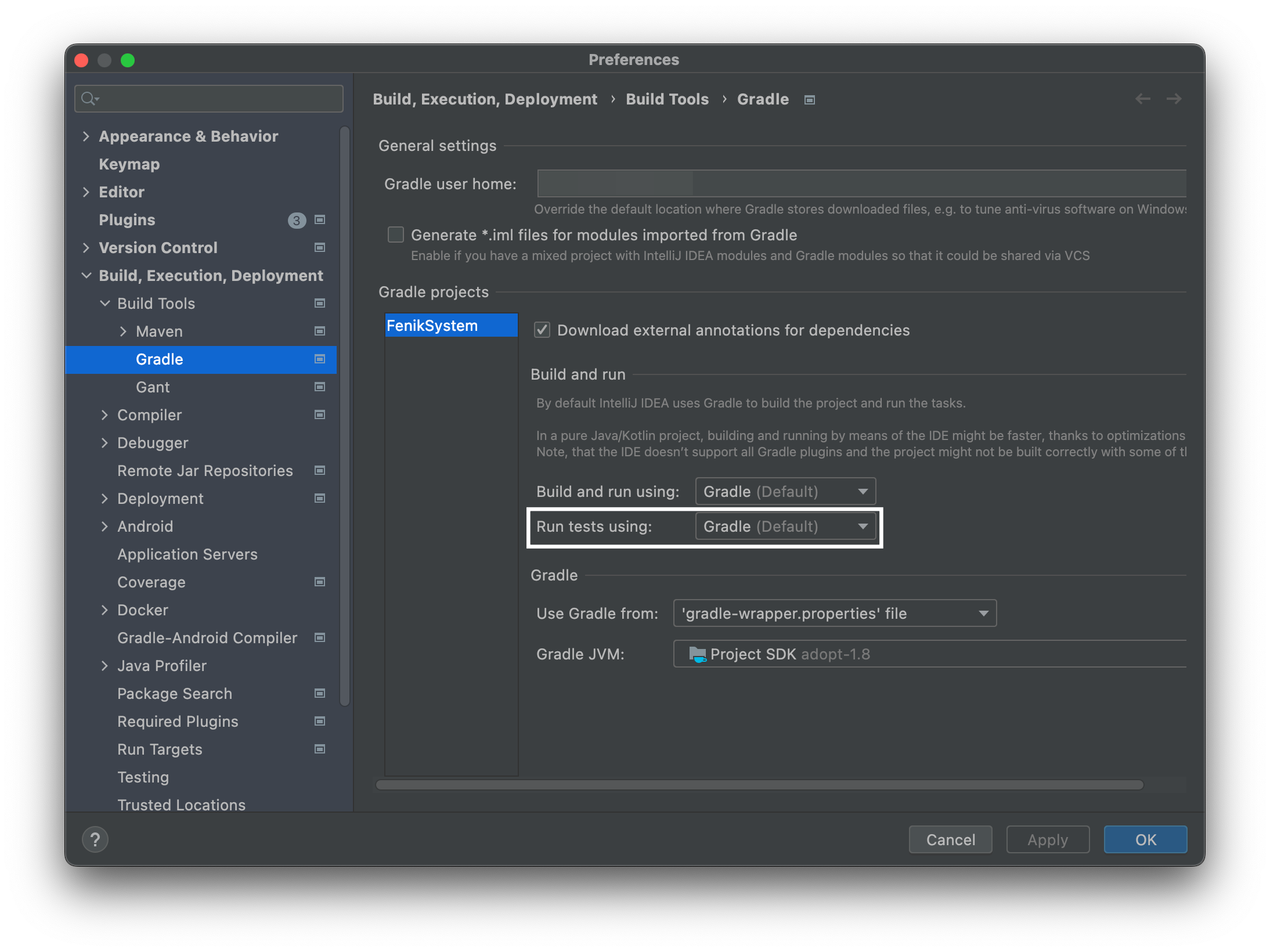 Gradle-항목에서-Run-tests-using이-Gradle로-설정되어-있는모습이다.