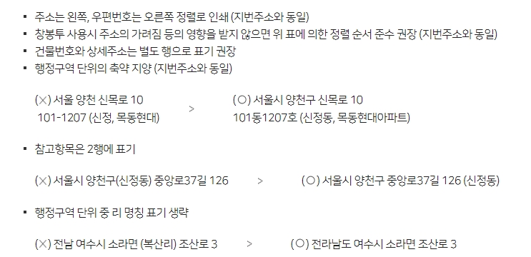 지번 주소를 사용할 때 번지와 건물명을 구분하여 작성하는 요령