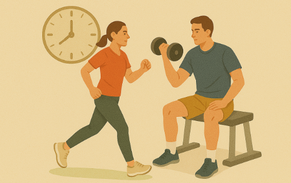 하루 30분 빠르게 걷기와 근력운동 실천하는 모습