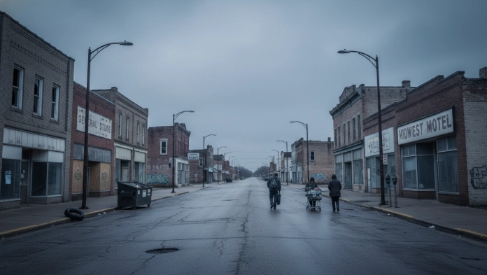 활기 없는 거리 풍경, 낡은 건물들과 적은 유동 인구로 경제 침체를 보여주는 도시의 모습.