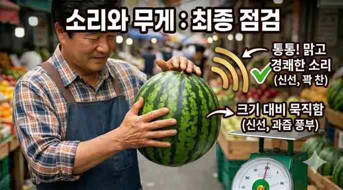 수박 최종 점검 방법: 과일장수가 수박을 두드려 "통통!" 맑고 경쾌한 소리(신선, 꽉 찬, 초록 체크)를 확인하고, 크기 대비 묵직함(신선, 과즙 풍부)을 체크하는 모습