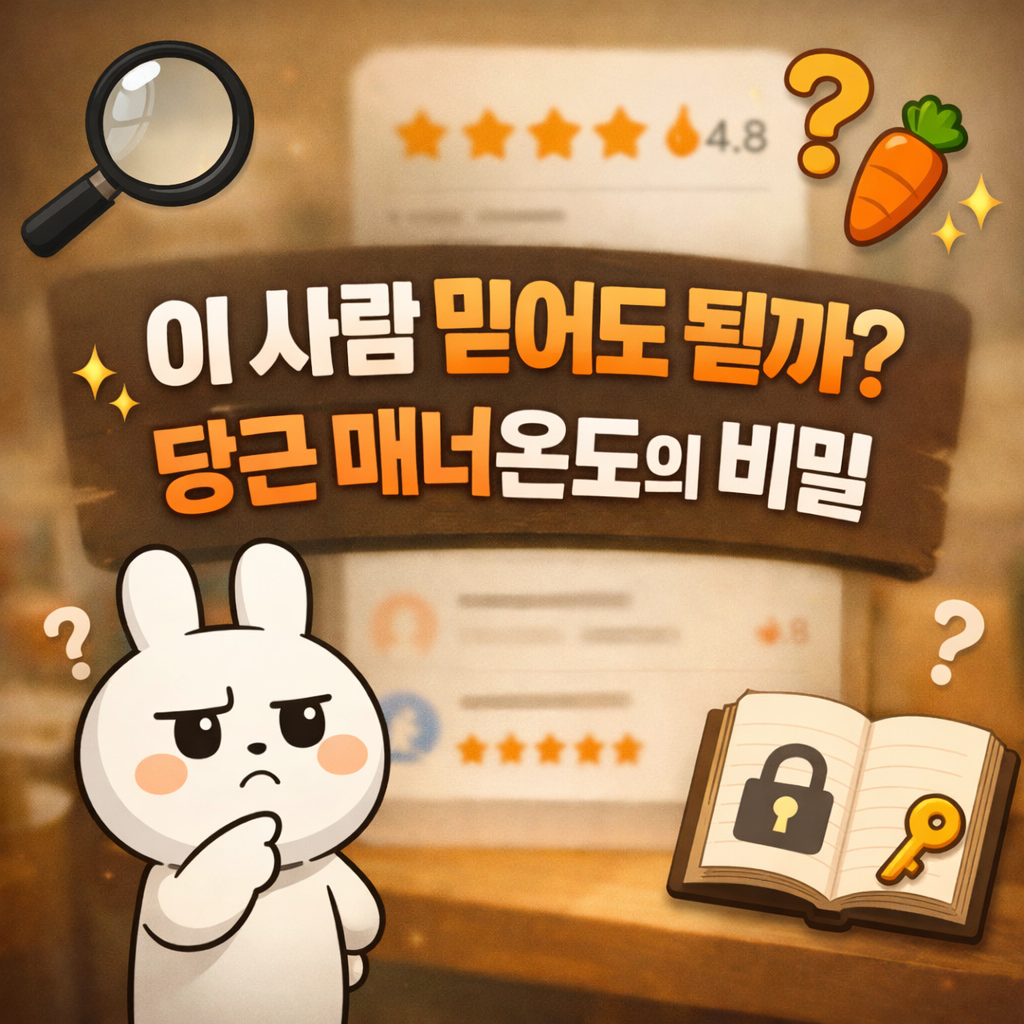 중고거래 신뢰도를 주제로 한 정사각형 썸네일 이미지로, 흐릿한 별점 평가 화면을 배경으로 가운데에 **&ldquo;이 사람 믿어도 될까? 당근 매너온도의 비밀&rdquo;**이라는 문구가 크게 배치되어 있다. 하단에는 고민하는 표정의 토끼 캐릭터가 있고, 주변에 돋보기, 당근 아이콘, 자물쇠가 있는 책, 물음표 등이 배치되어 매너온도와 신뢰를 상징적으로 표현한 디자인이다.