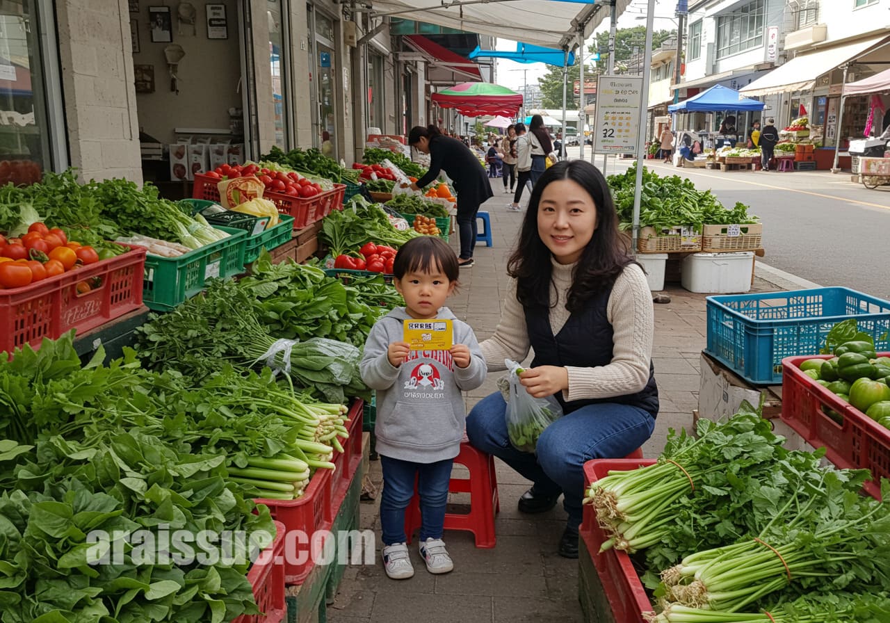 농식품 바우처로 신선한 채소를 구매하는 한국 엄마와 아이의 모습입니다.