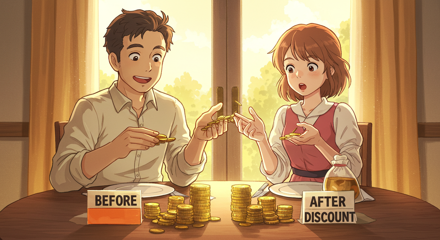 절감 전후 장기 비용 차이를 확인하는 부부 일러스트