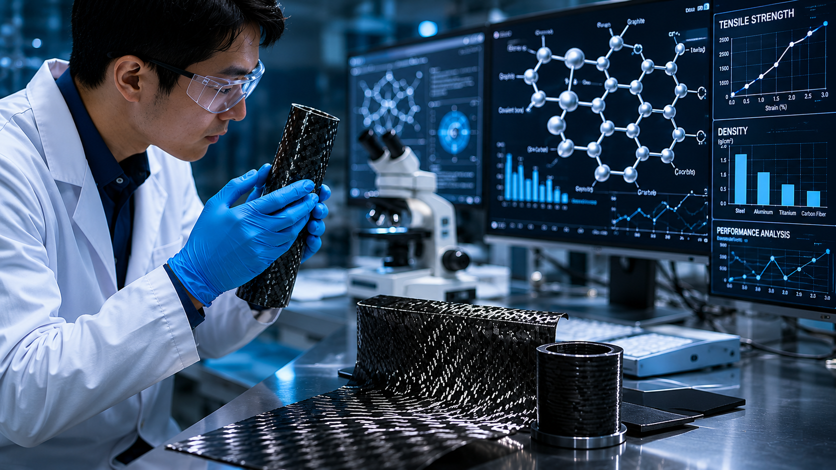 Researcher analyzing advanced carbon fiber materials in a high technology laboratory