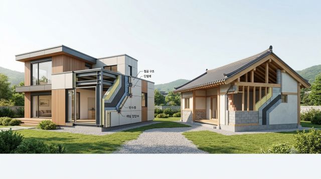 모듈러주택 수명과 일반주택 내구성을 구조와 유지관리 기준으로 비교한 이미지