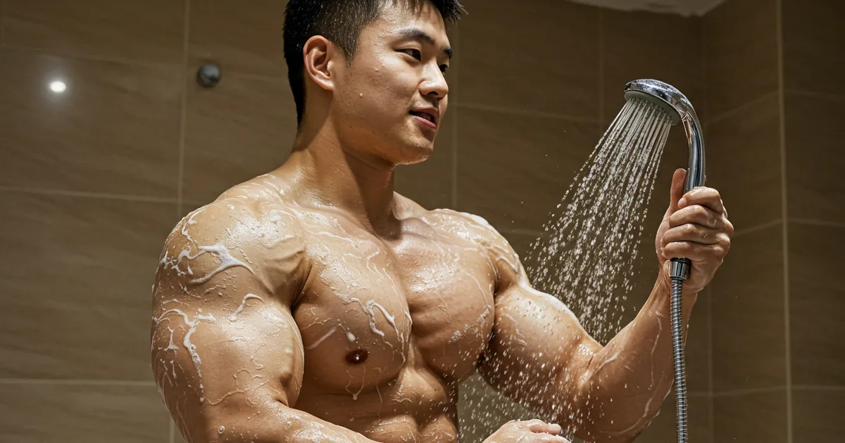 샤워실에서 샤워를 하고 있는 운동선수 이미지