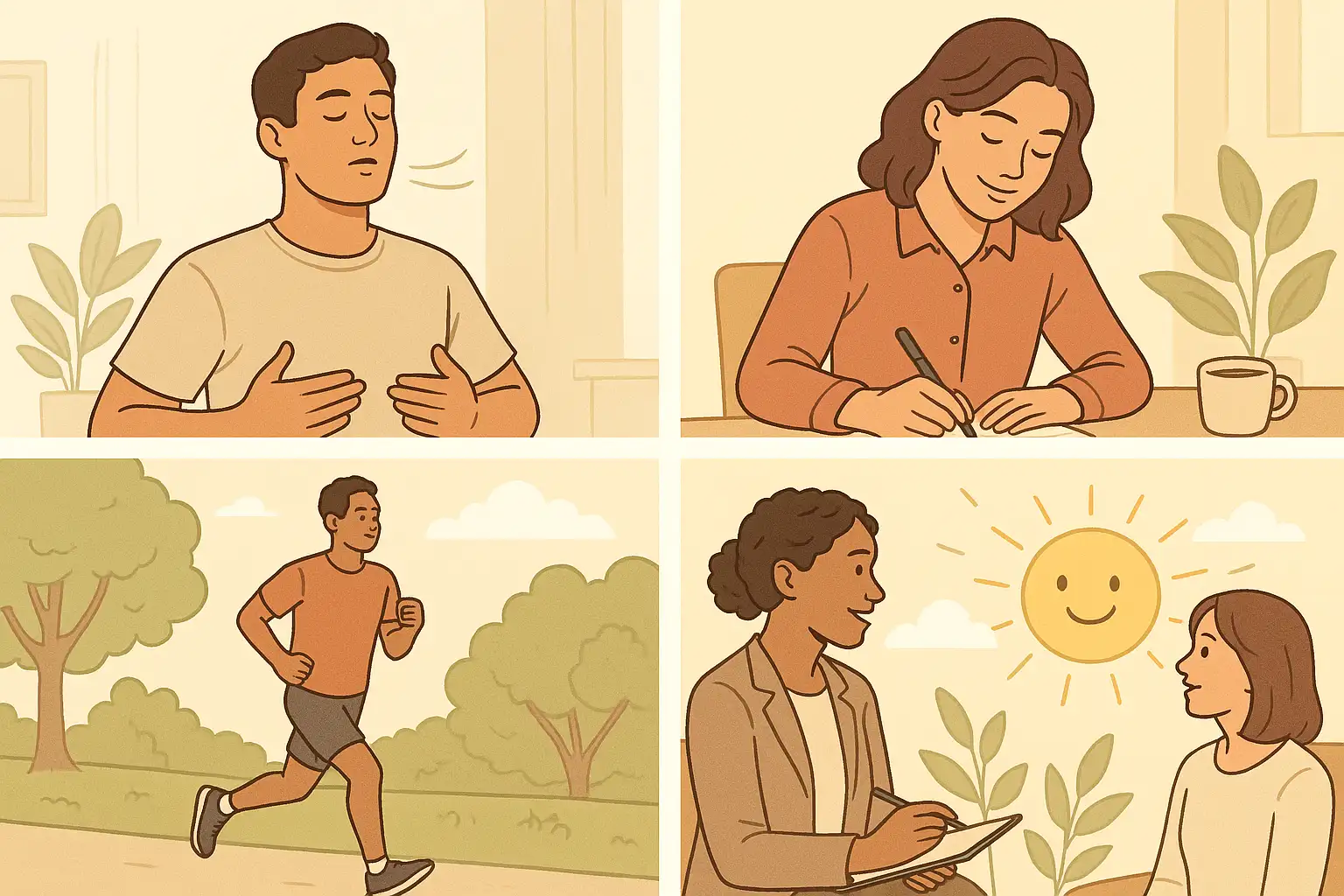 심호흡하는 남성, 감정 일기를 쓰는 여성, 공원에서 조깅하는 사람, 상담사와 대화하는 장면