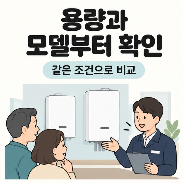 용량과 모델부터 확인이라는 문구와 같은 조건으로 비교라는 안내 아래 부부가 매장 상담원의 제품 설명을 듣는 모습