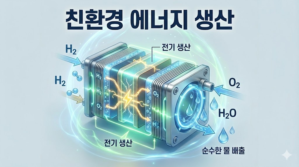 수소와 산소의 결합으로 전기를 만드는 정밀 묘사