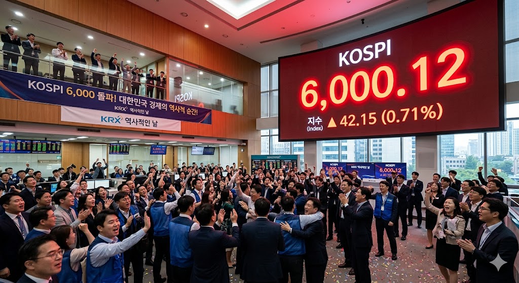 한국거래소(KRX) 대형 전광판에 'KOSPI 6,000.12'라는 숫자가 빨갛게 빛나고 주변 사람들이 환호하는 모습
